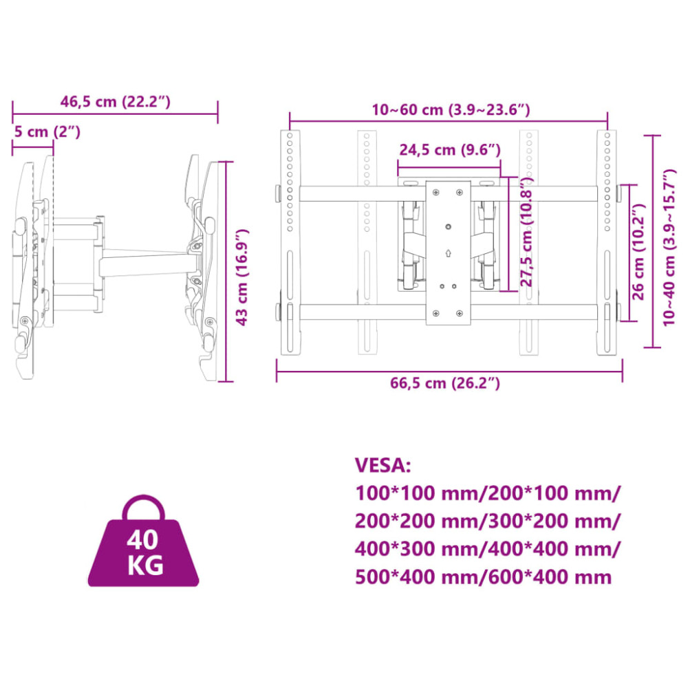 Produktbild för Tv-väggfäste för 37-80 tums skärm max VESA 600x400 mm 40kg