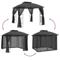 Produktbild för Paviljong med dubbelt tak & nätväggar antracit 2,94x2,94 m stål