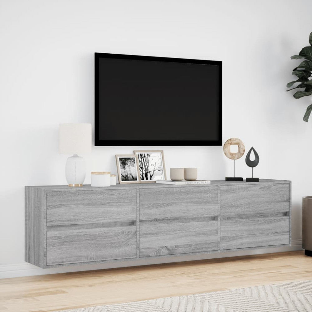 Produktbild för Väggmonterad tv-bänk LEDs grå sonoma 180x31x45 cm
