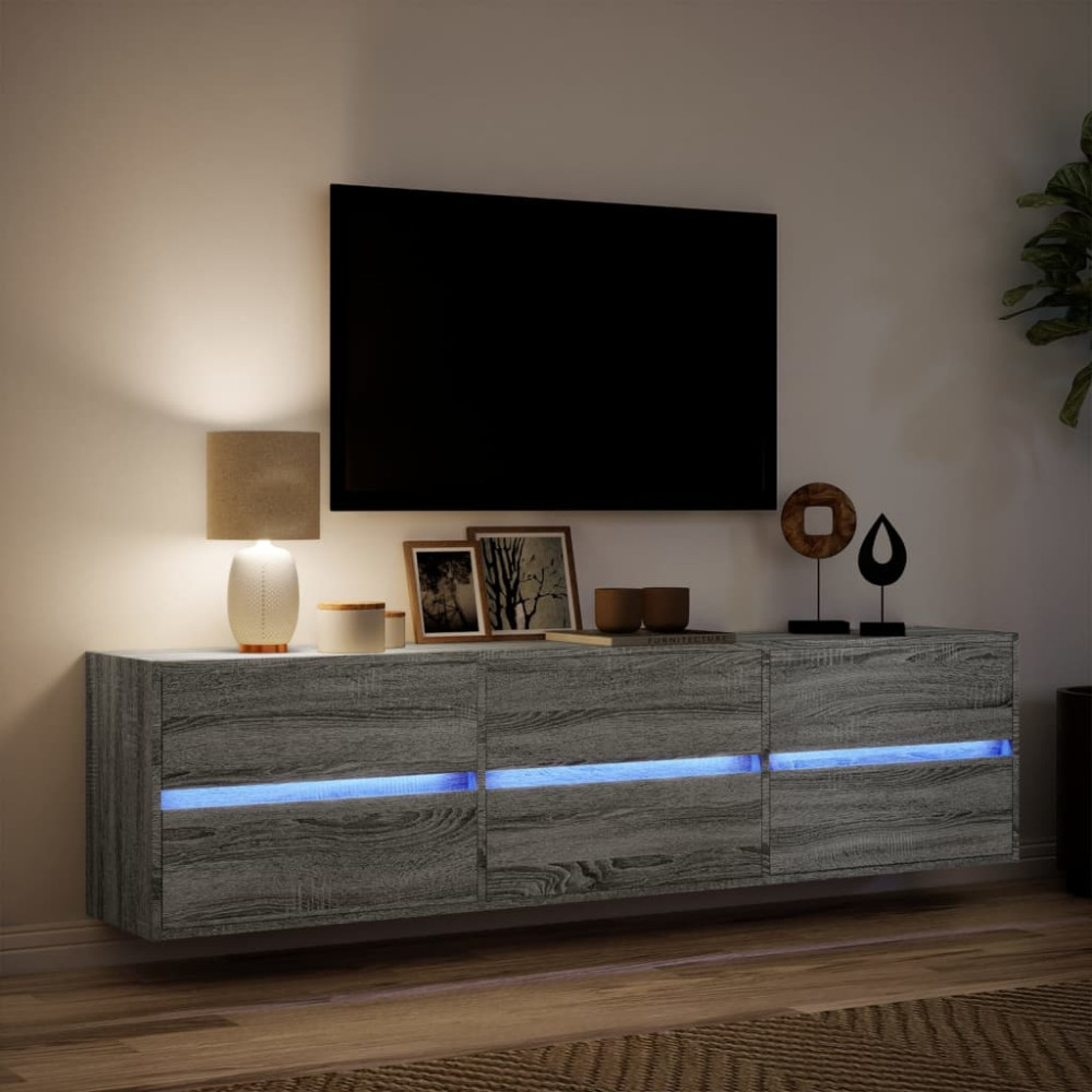 Produktbild för Väggmonterad tv-bänk LEDs grå sonoma 180x31x45 cm