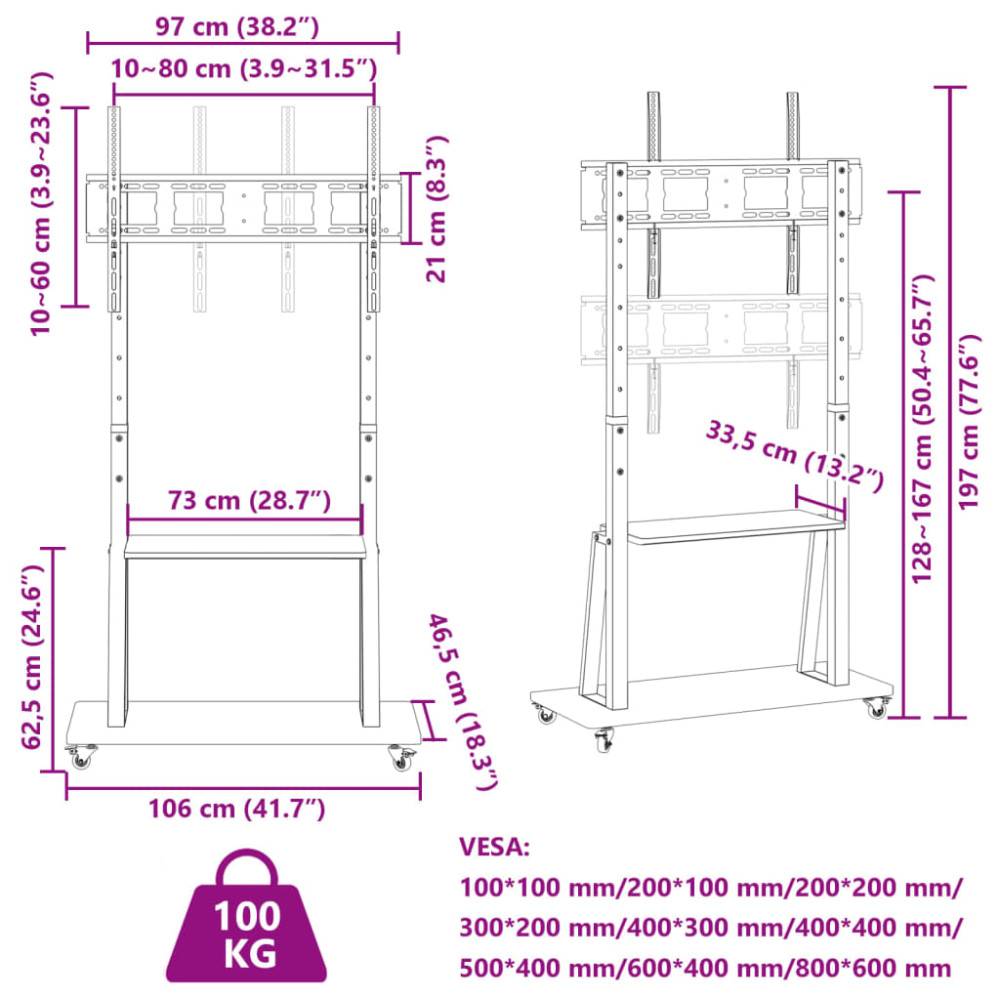 Produktbild för Tv-ställ på hjul för 32-90 tums skärm max VESA 800x600 mm 100kg