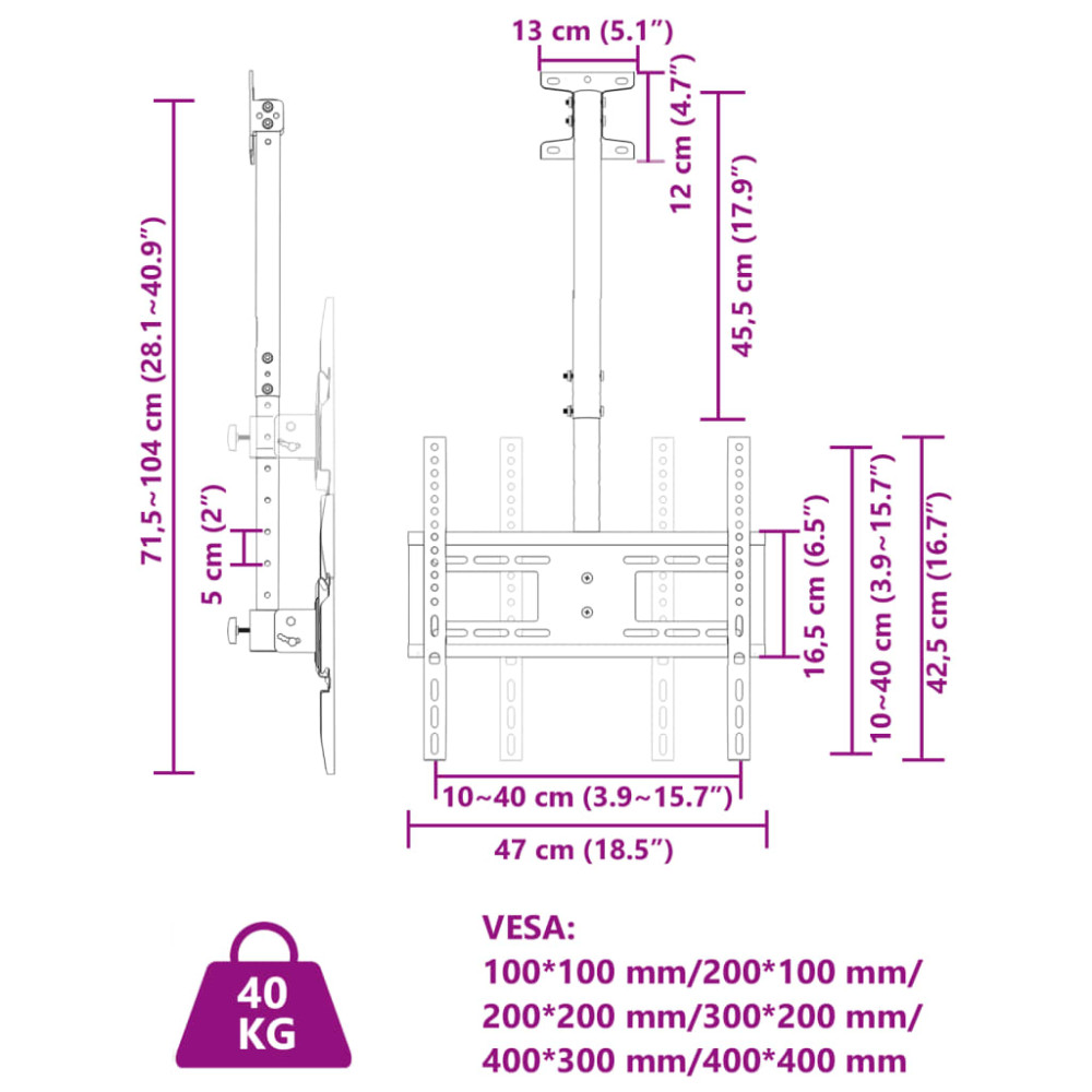 Produktbild för Tv-takfäste för 32-65 tums skärm max VESA 400x400 mm 40kg