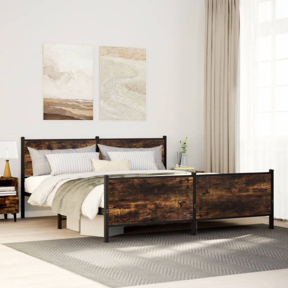 Produktbild för Sängram utan madrass metall rökfärgad ek 193x203 cm