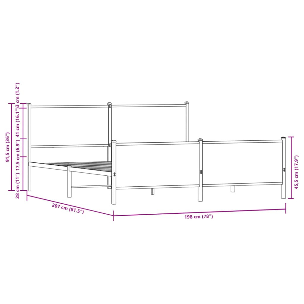 Produktbild för Sängram utan madrass metall rökfärgad ek 193x203 cm
