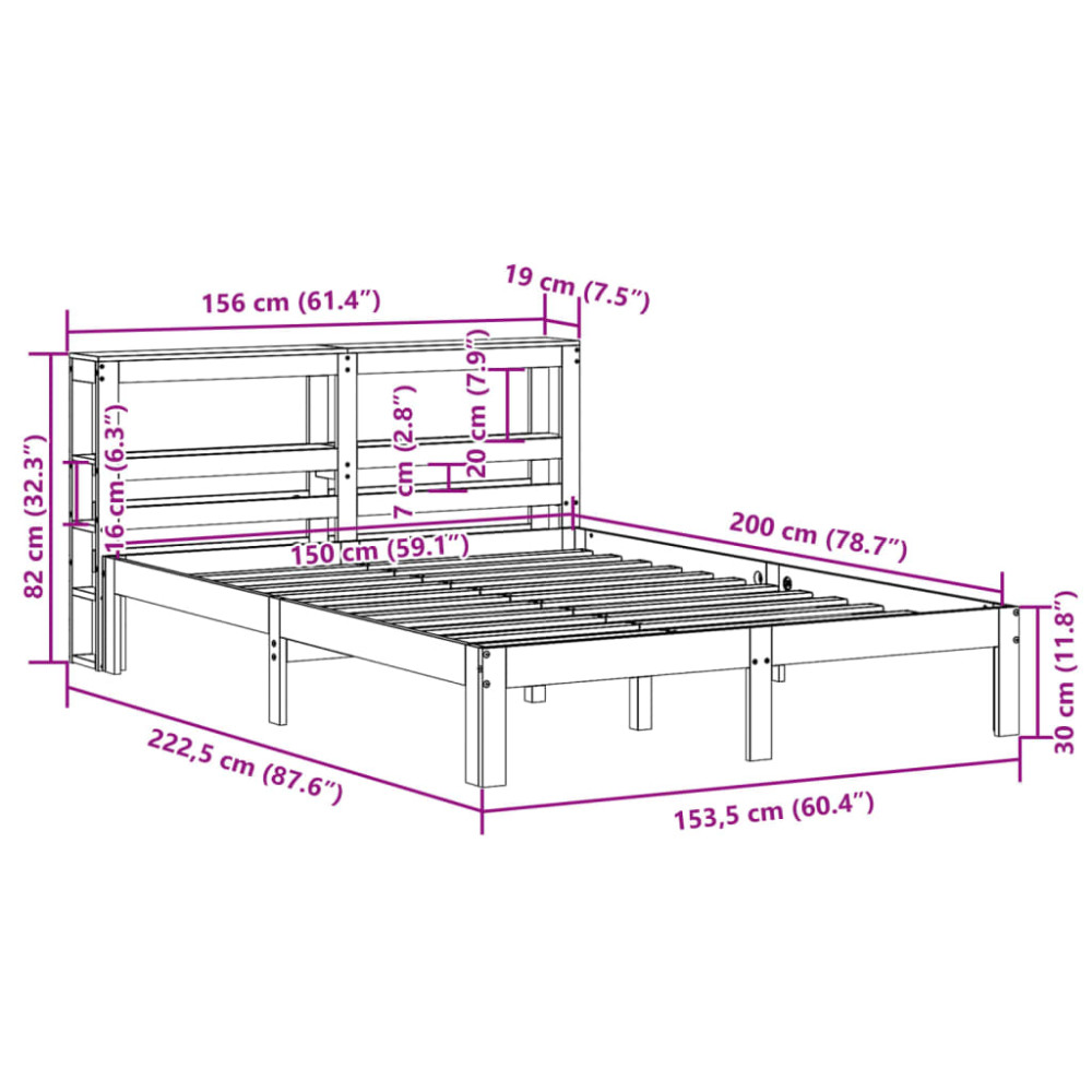 Produktbild för Sängram med huvudgavel vit 150x200 cm massiv furu