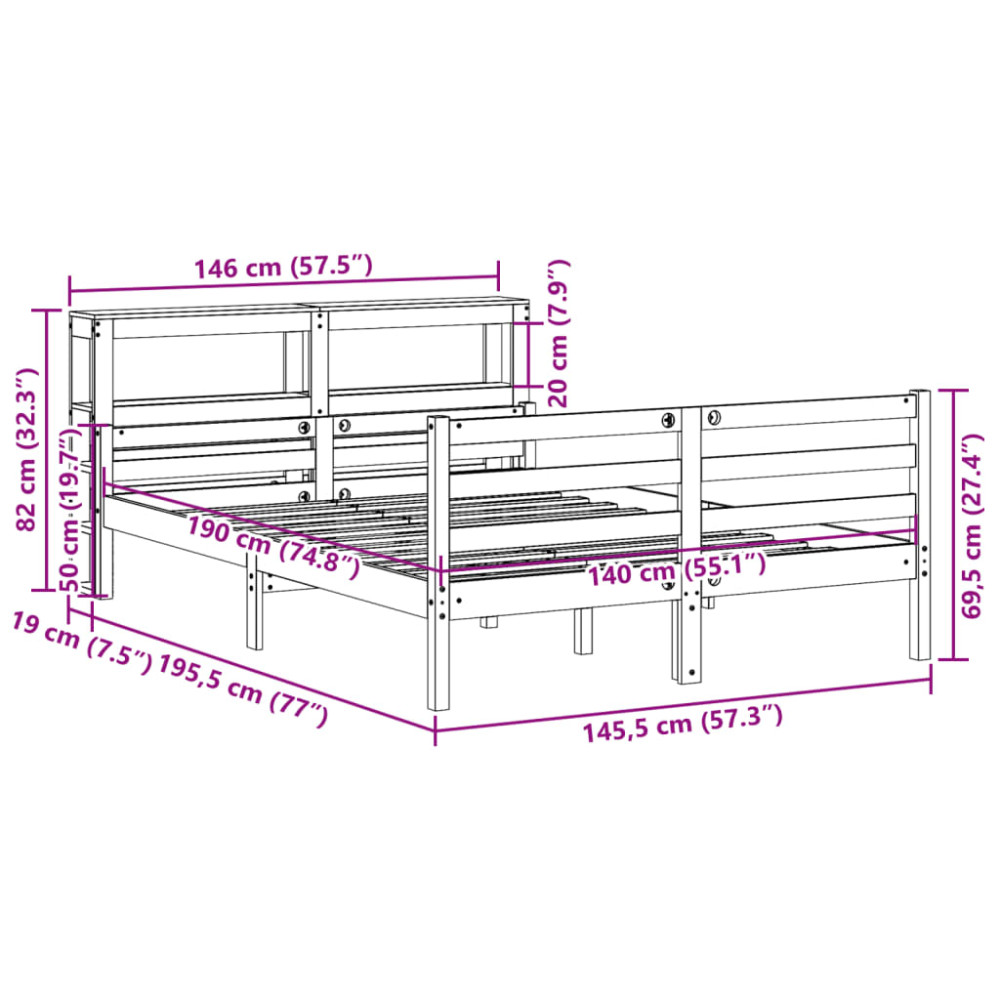 Produktbild för Sängram med huvudgavel 140x190 cm massiv furu