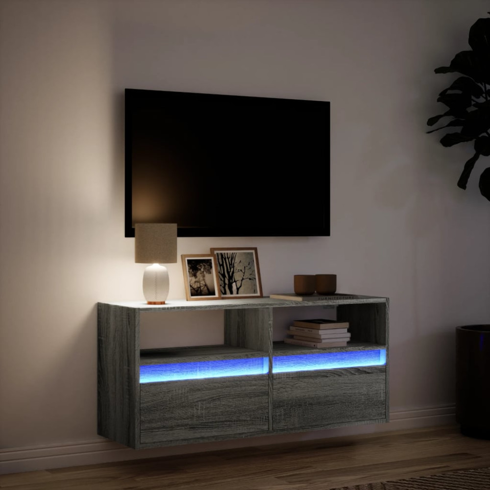 Produktbild för Väggmonterad tv-bänk LEDs grå sonoma 100x31x45 cm
