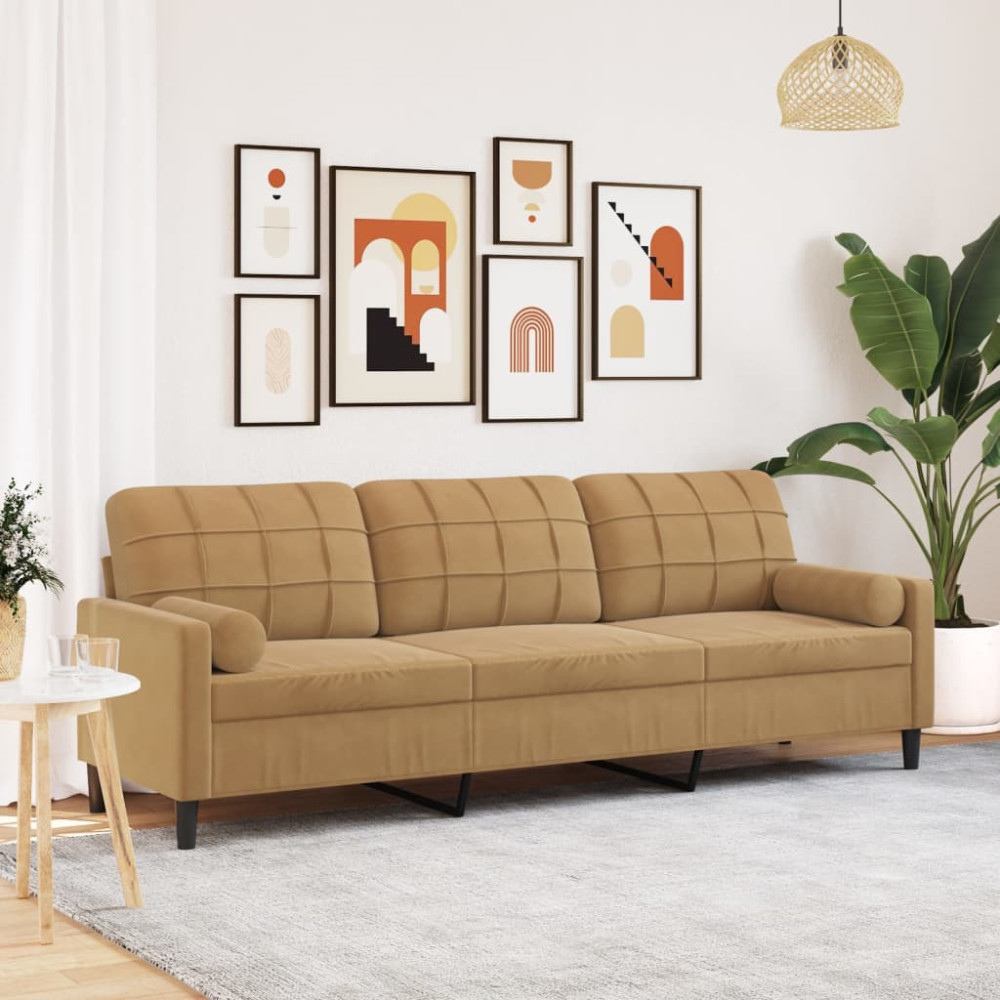 Produktbild för 3-sitssoffa med prydnadskuddar brun 210 cm sammet