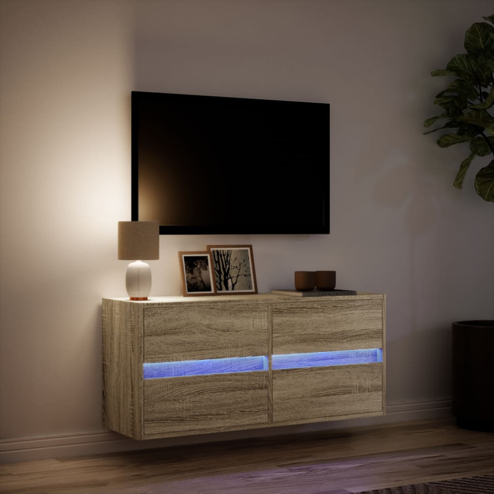Produktbild för Väggmonterad tv-bänk LEDs sonoma-ek 100x31x45 cm