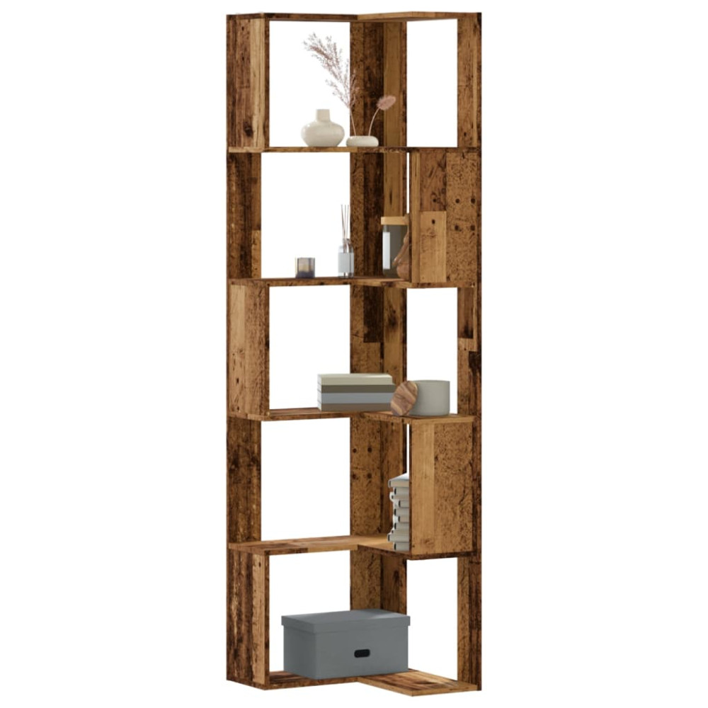 Produktbild för Bokhylla hörn 5 hyllplan åldrat trä 50x50x179cm konstruerat trä
