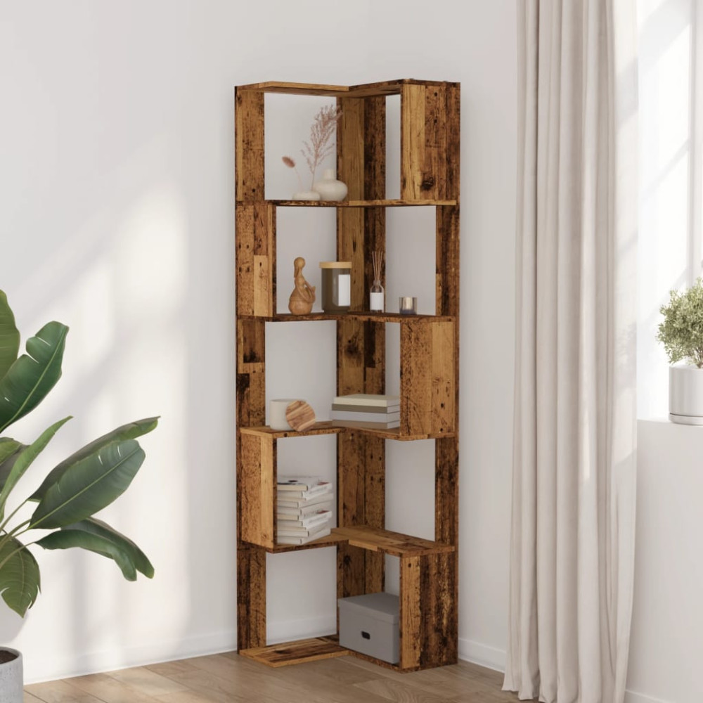 Produktbild för Bokhylla hörn 5 hyllplan åldrat trä 50x50x179cm konstruerat trä