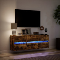 Produktbild för Väggmonterad tv-bänk LEDs rökfärgad ek 130x31x45 cm