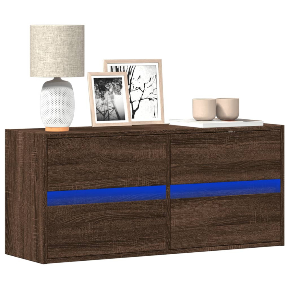 Produktbild för Väggmonterad tv-bänk LEDs brun ek 100x31x45 cm