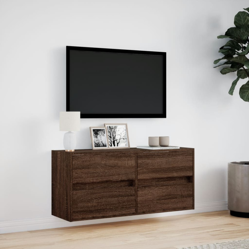 Produktbild för Väggmonterad tv-bänk LEDs brun ek 100x31x45 cm