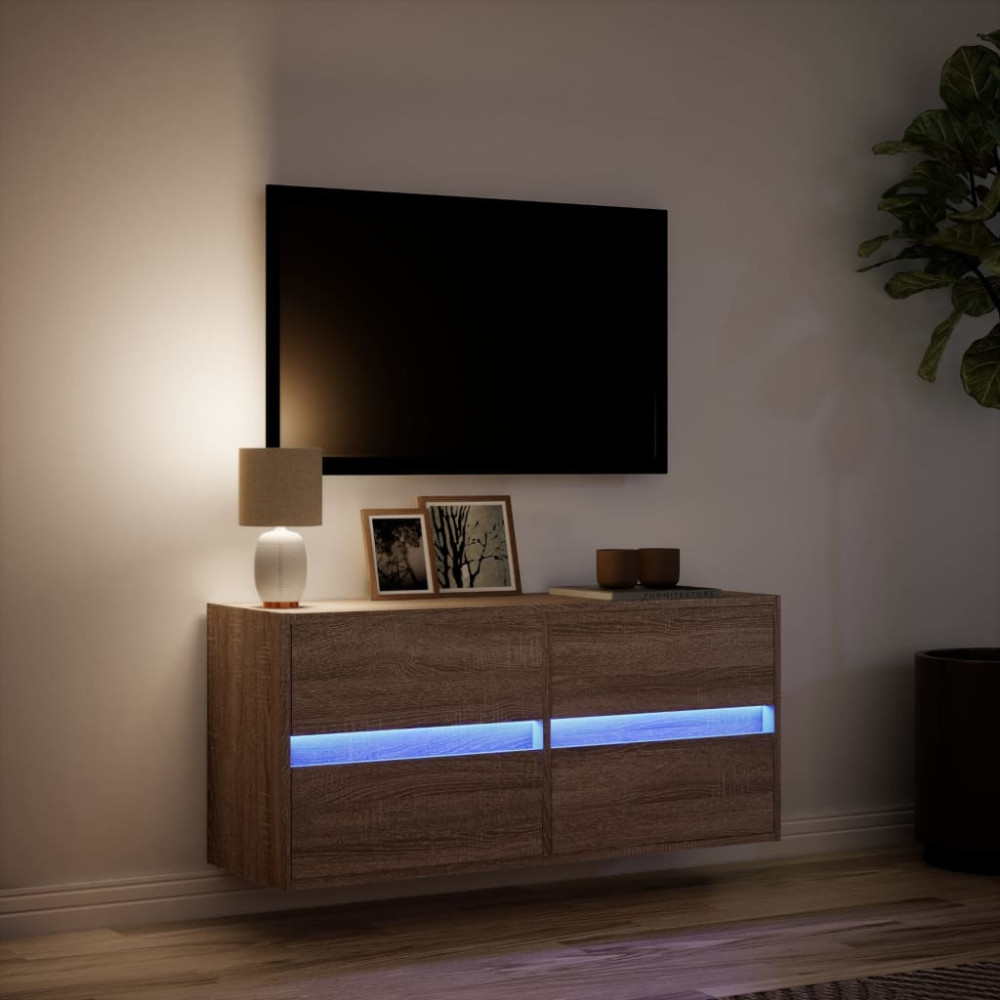 Produktbild för Väggmonterad tv-bänk LEDs brun ek 100x31x45 cm