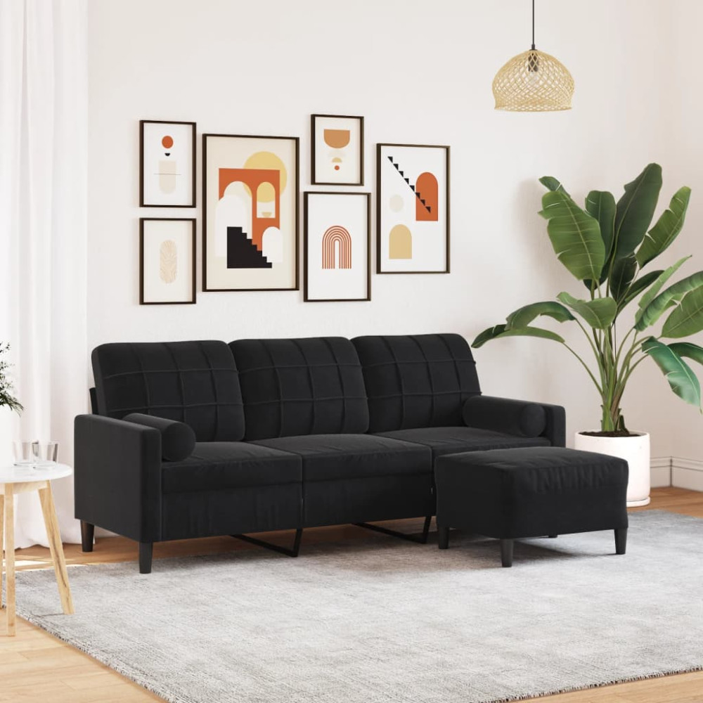Produktbild för 3-sitssoffa med fotpall svart 180 cm sammet