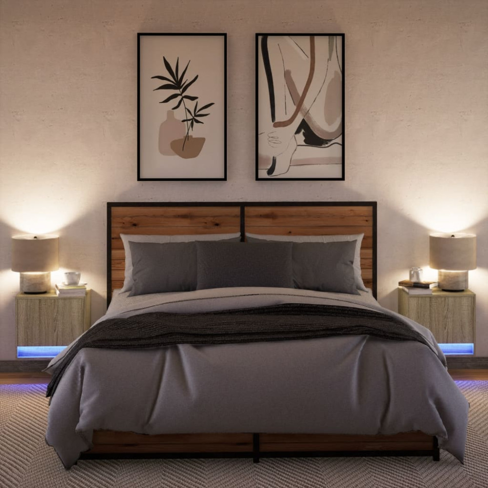 Produktbild för Väggmonterade sängbord med LED-lampor 2 st sonoma-ek
