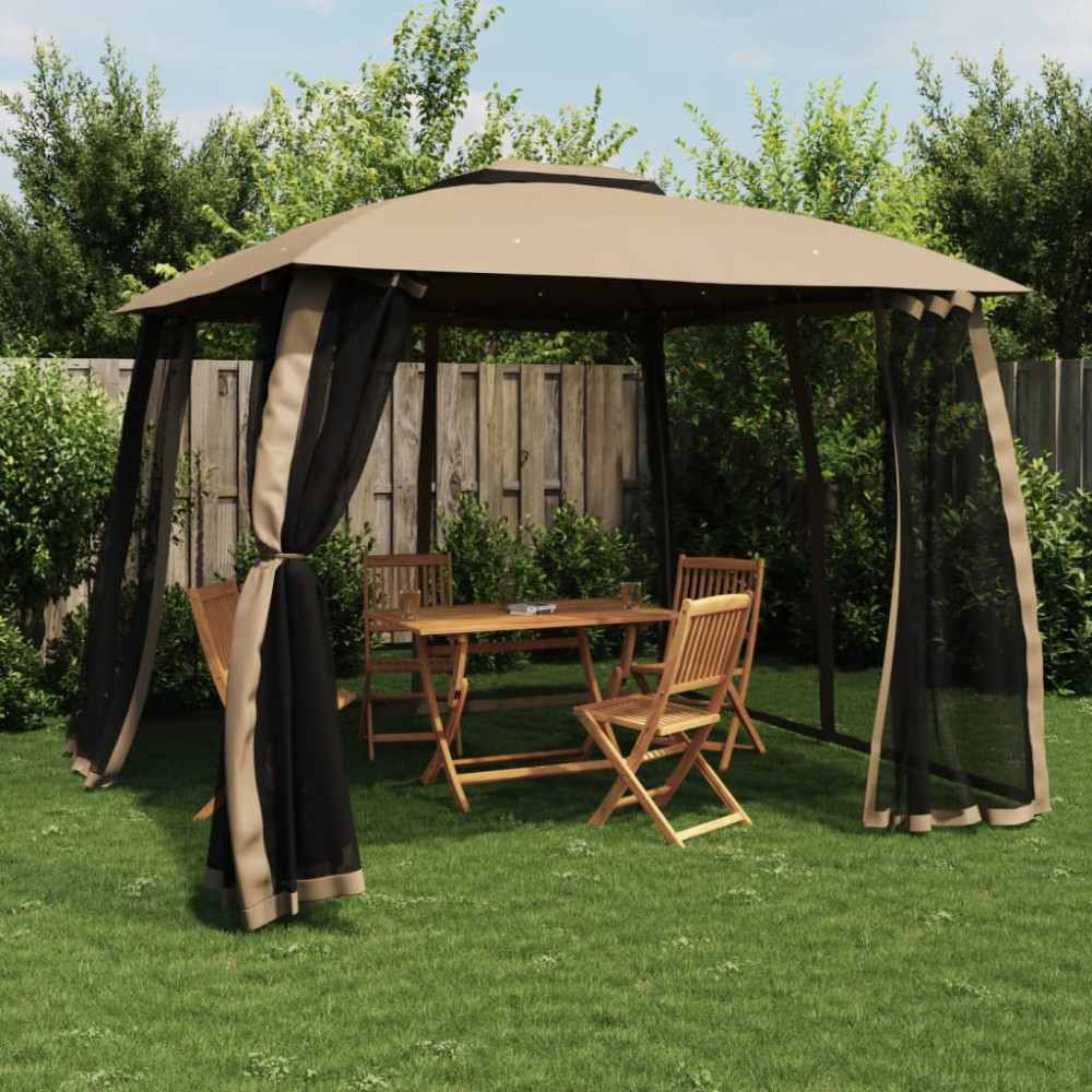 Produktbild för Paviljong med dubbelt tak & nätväggar taupe 2,93x2,93 m stål