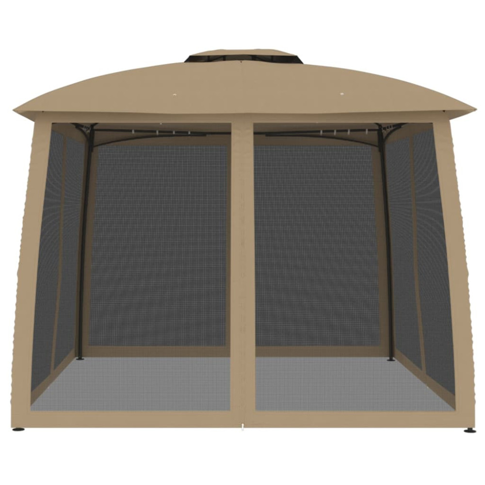 Produktbild för Paviljong med dubbelt tak & nätväggar taupe 2,93x2,93 m stål