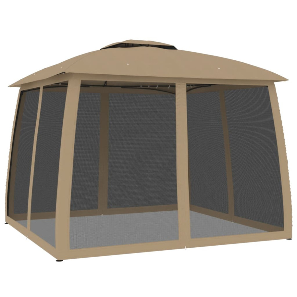 Produktbild för Paviljong med dubbelt tak & nätväggar taupe 2,93x2,93 m stål