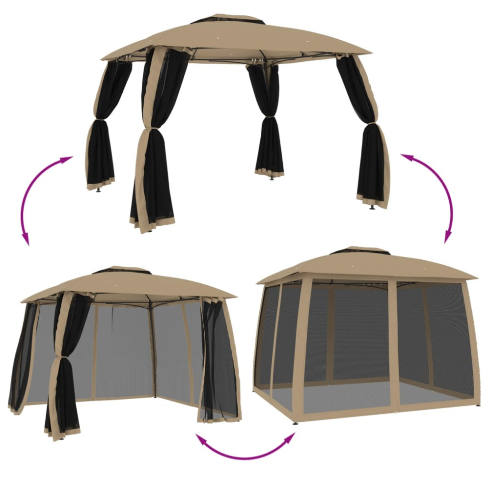 Produktbild för Paviljong med dubbelt tak & nätväggar taupe 2,93x2,93 m stål