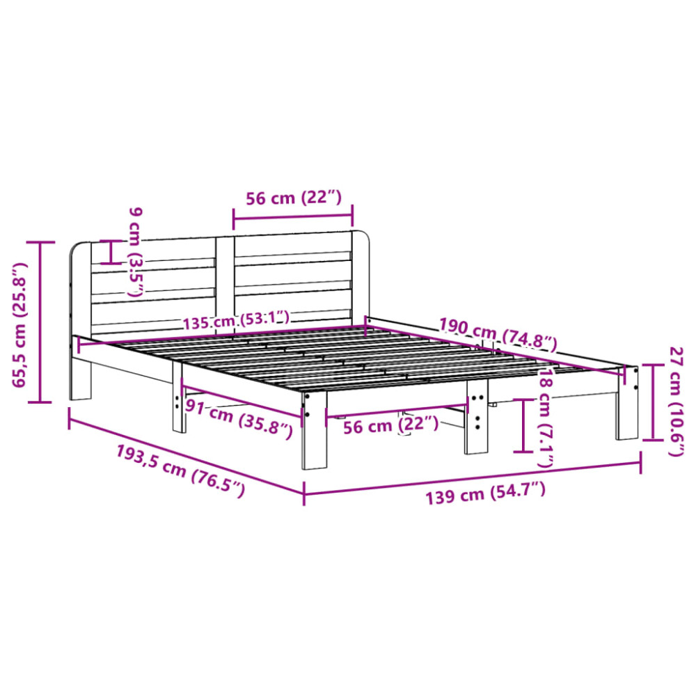Produktbild för Sängram utan madrass vaxbrun 135x190 cm massiv furu