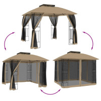 Produktbild för Paviljong med dubbelt tak & nätväggar taupe 2,94x2,94 m stål