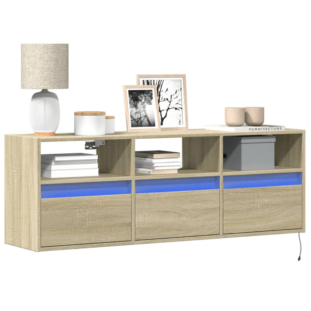 Produktbild för Väggmonterad tv-bänk LEDs sonoma-ek 130x31x45 cm