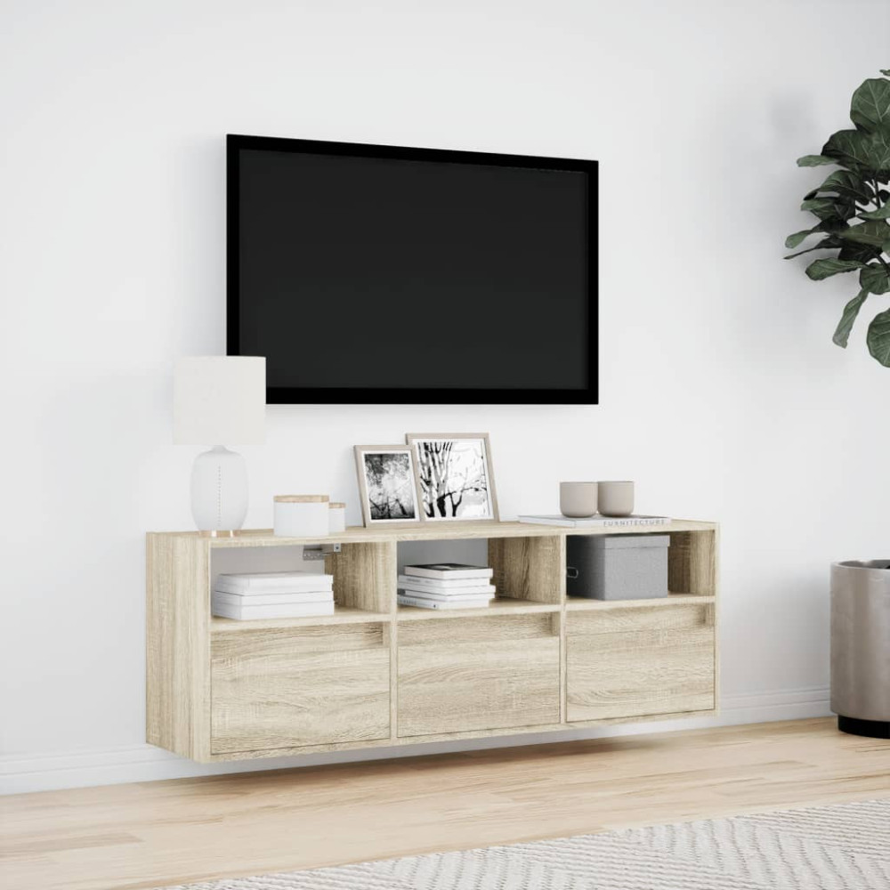 Produktbild för Väggmonterad tv-bänk LEDs sonoma-ek 130x31x45 cm