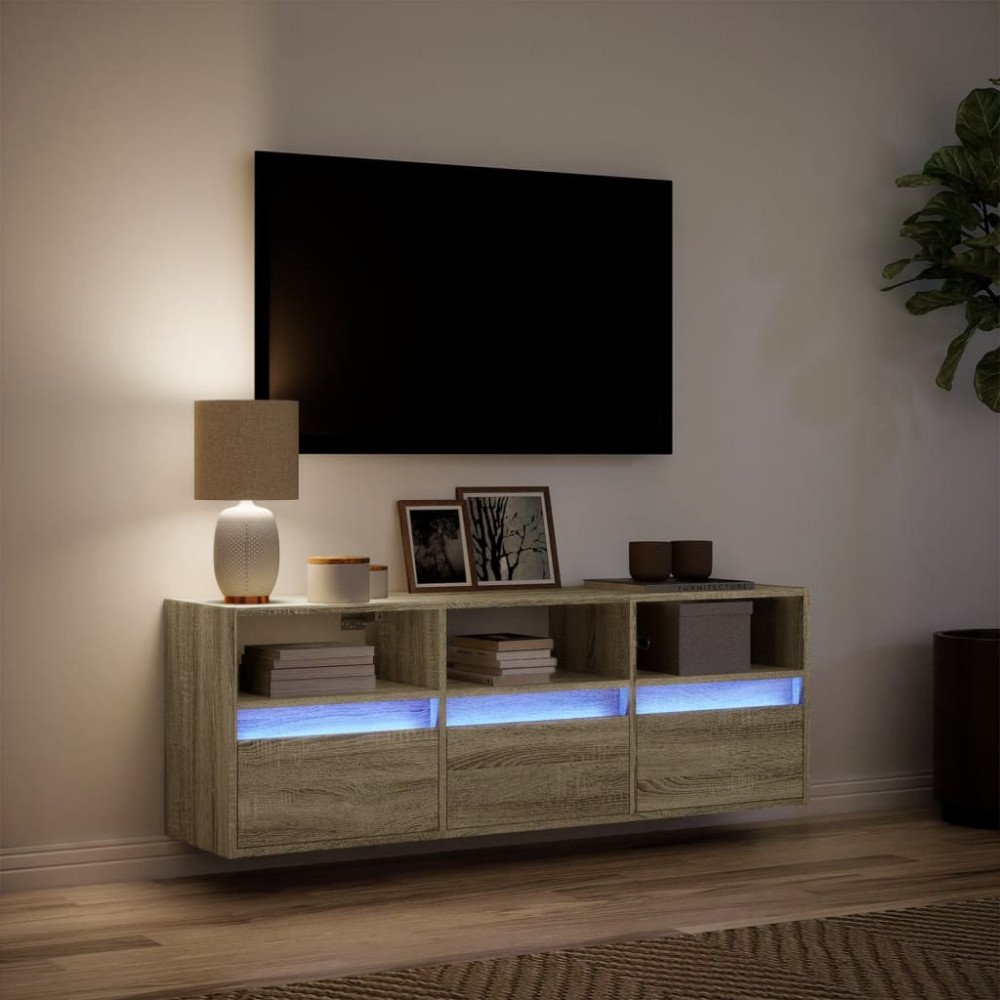 Produktbild för Väggmonterad tv-bänk LEDs sonoma-ek 130x31x45 cm