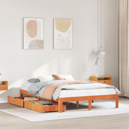vidaXL Sängram med lådor vaxad brun 120x190 cm massiv furu