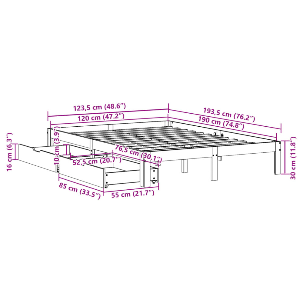 Produktbild för Sängram med lådor vaxad brun 120x190 cm massiv furu
