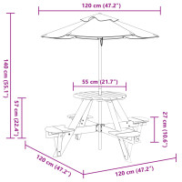 Produktbild för Picknickbord med parasoll för 4 barn massivt granträ