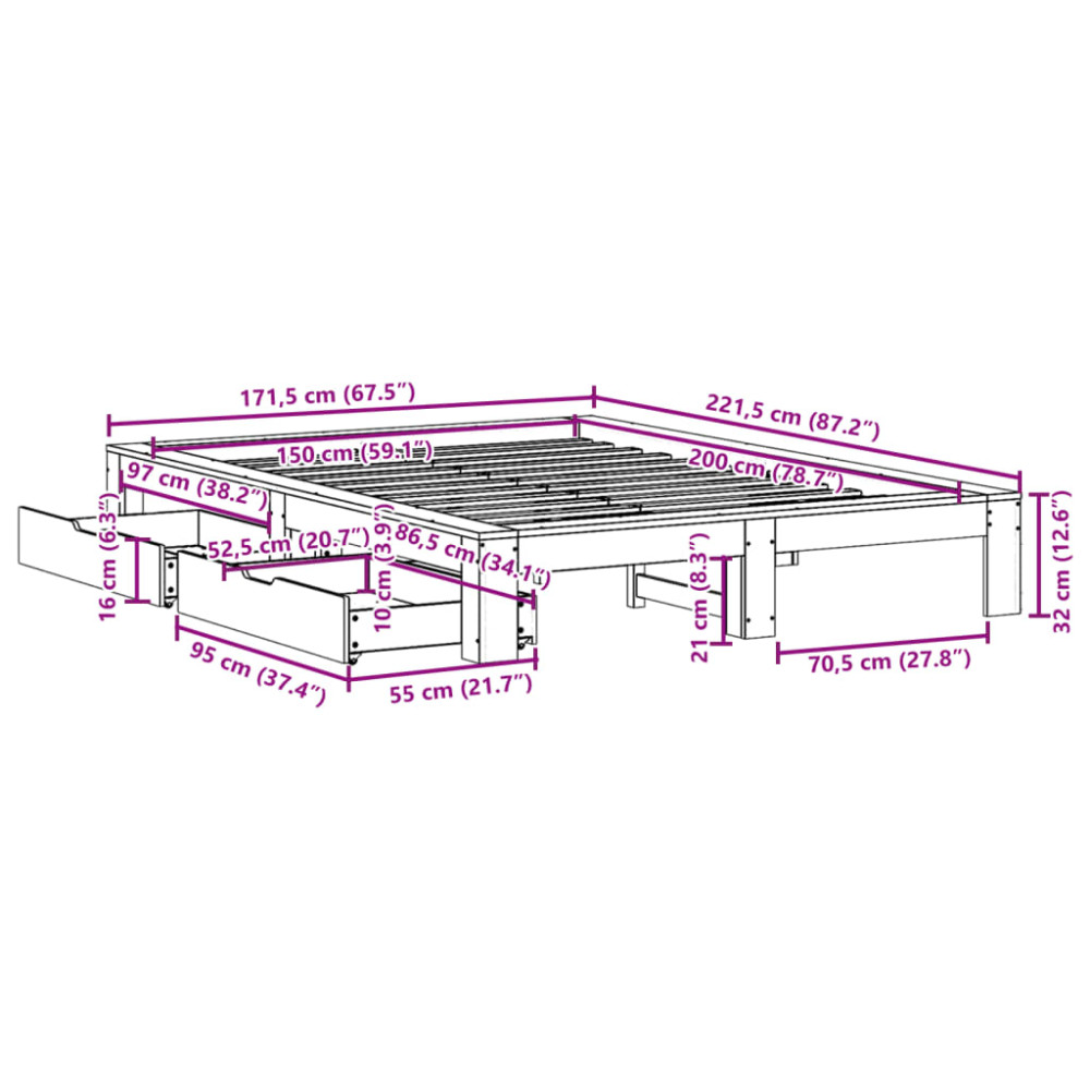 Produktbild för Sängram utan madrass vaxbrun 150x200 cm massiv furu