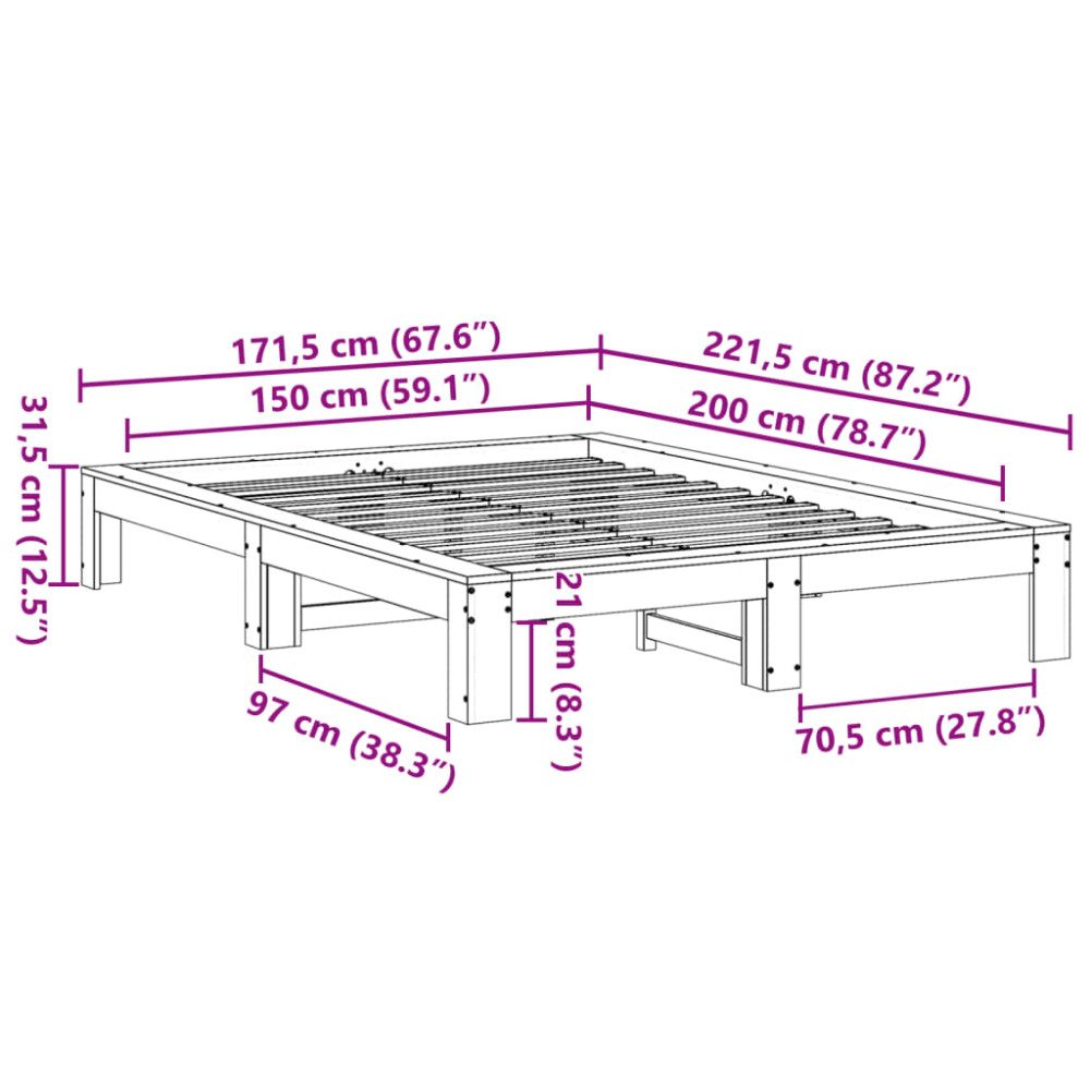 Produktbild för Sängram utan madrass vaxbrun 150x200 cm massiv furu