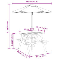 Produktbild för Picknickbord med parasoll för 4 barn massivt granträ