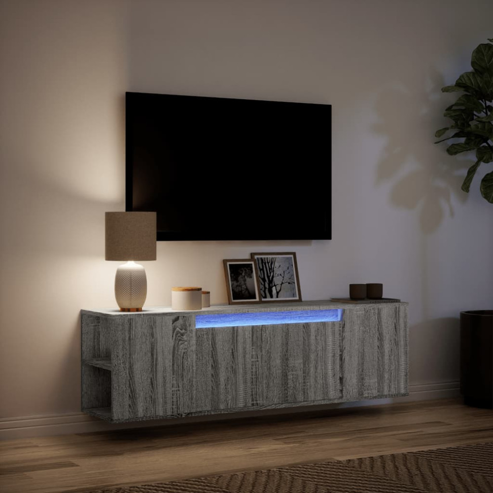 Produktbild för Väggmonterad tv-bänk LED grå sonoma 135x31x39,5 cm
