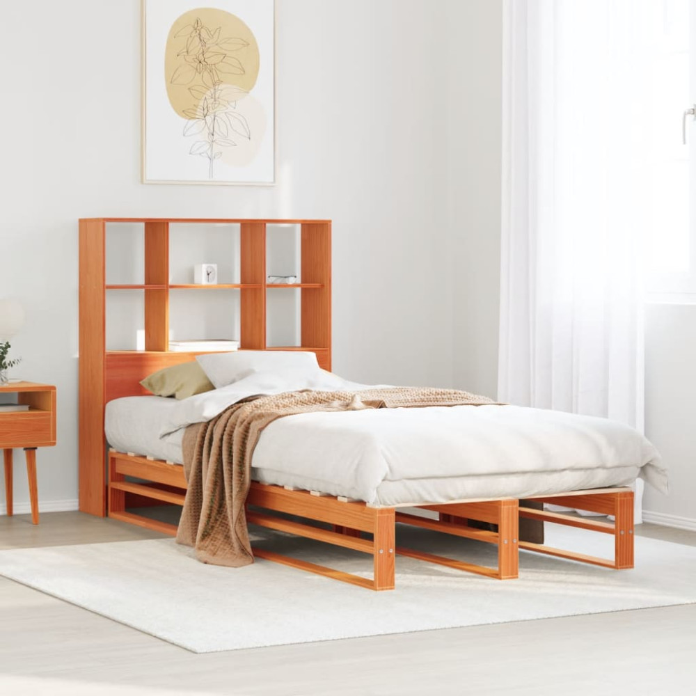 Produktbild för Säng med bokhylla utan madrass vaxbrun 75x190 cm massiv trä