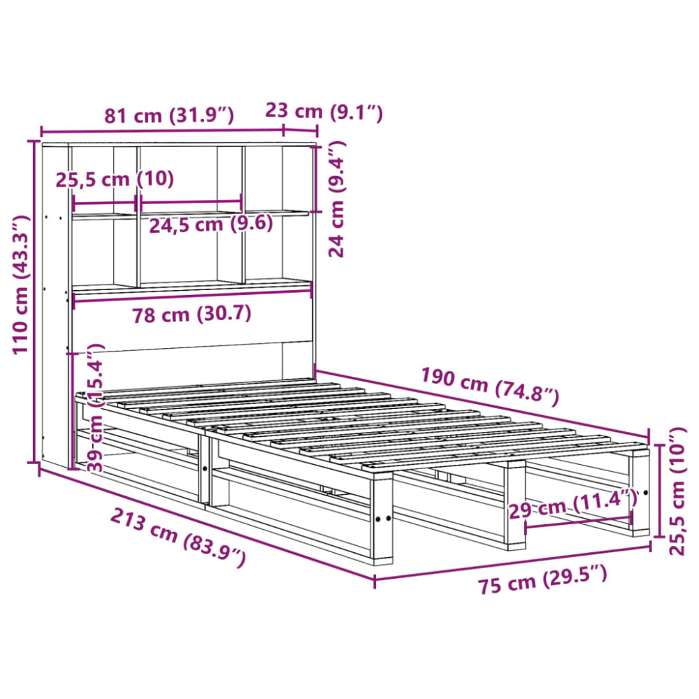 Produktbild för Säng med bokhylla utan madrass vaxbrun 75x190 cm massiv trä