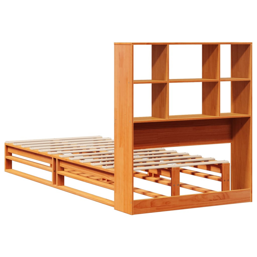 Produktbild för Säng med bokhylla utan madrass vaxbrun 75x190 cm massiv trä