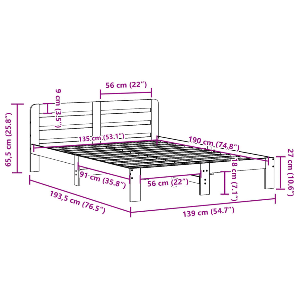 Produktbild för Sängram utan madrass vit 135x190 cm massiv furu