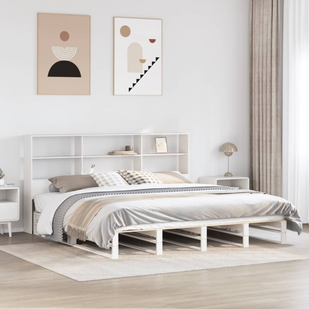Produktbild för Säng med bokhylla utan madrass vit 180x200 cm massiv trä