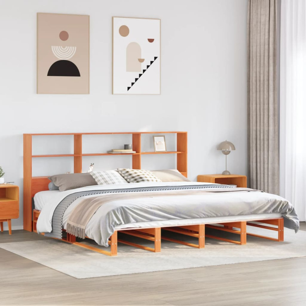 Produktbild för Säng med bokhylla utan madrass vaxbrun 180x200 cm massiv trä