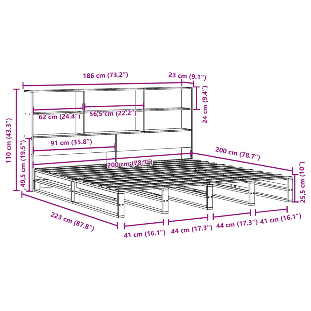 Produktbild för Säng med bokhylla utan madrass vaxbrun 180x200 cm massiv trä
