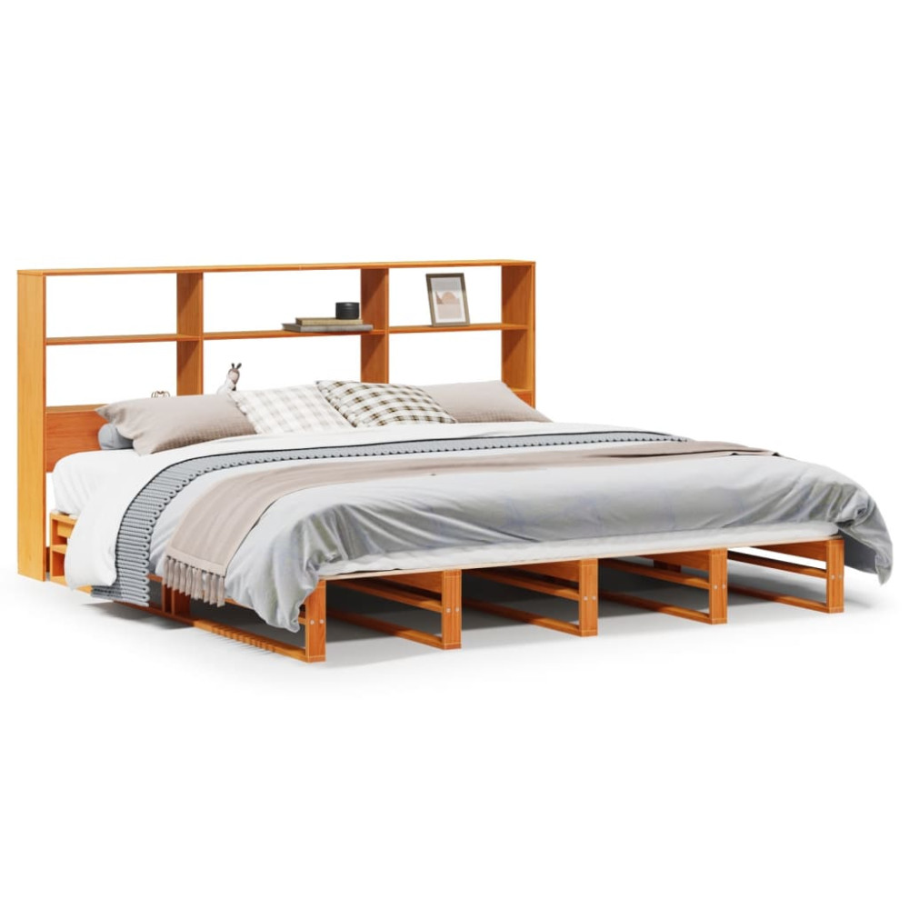 Produktbild för Säng med bokhylla utan madrass vaxbrun 180x200 cm massiv trä
