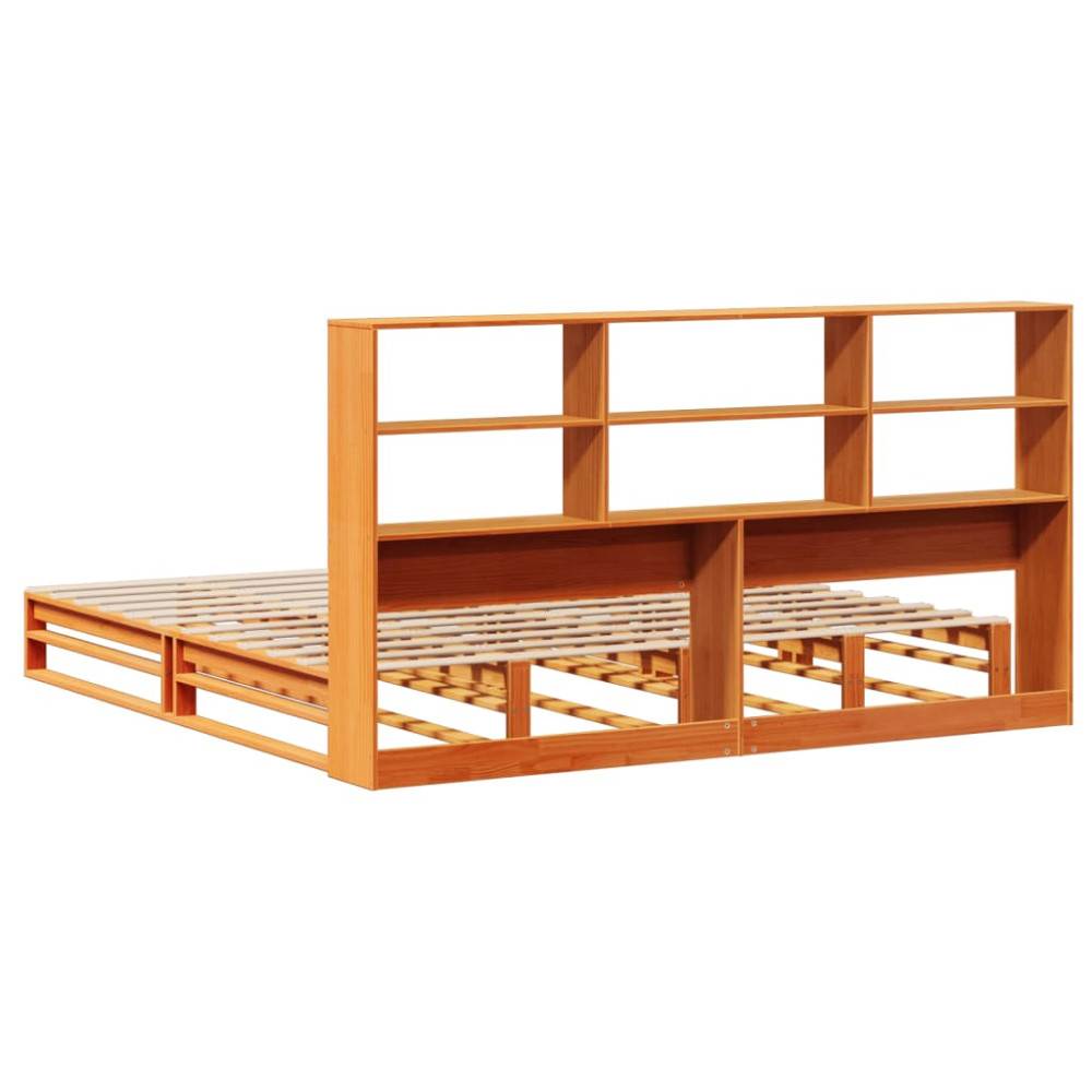 Produktbild för Säng med bokhylla utan madrass vaxbrun 180x200 cm massiv trä