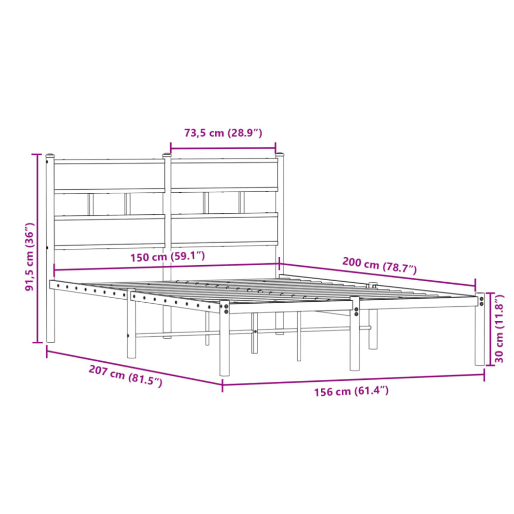 Produktbild för Sängram utan madrass metall rökfärgad ek 150x200 cm