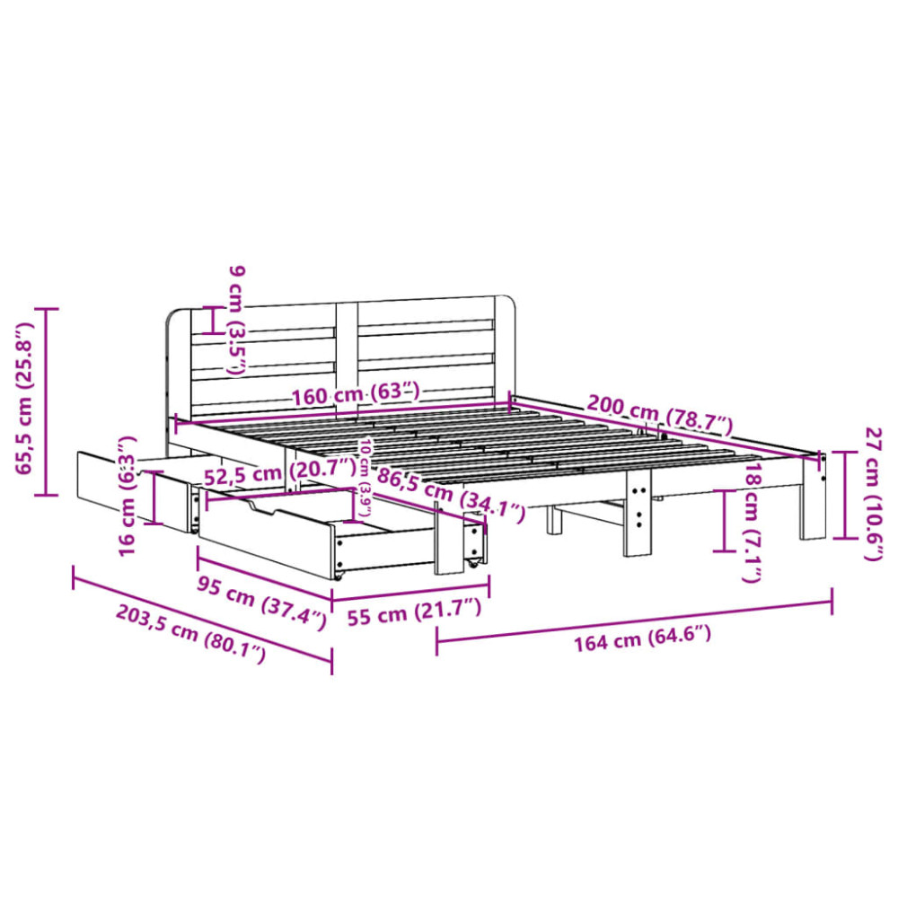 Produktbild för Sängram utan madrass vit 160x200 cm massiv furu
