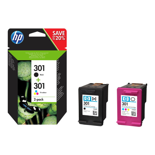 Hewlett-Packard HP 301 - 2-pack - svart, färg (cyan, magenta, gul) - original - bläckpatron