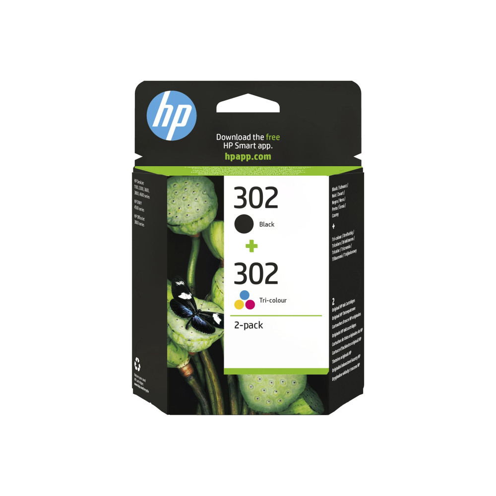 Produktbild för HP 302 - 2-pack - svart, färg (cyan, magenta, gul) - original - bläckpatron